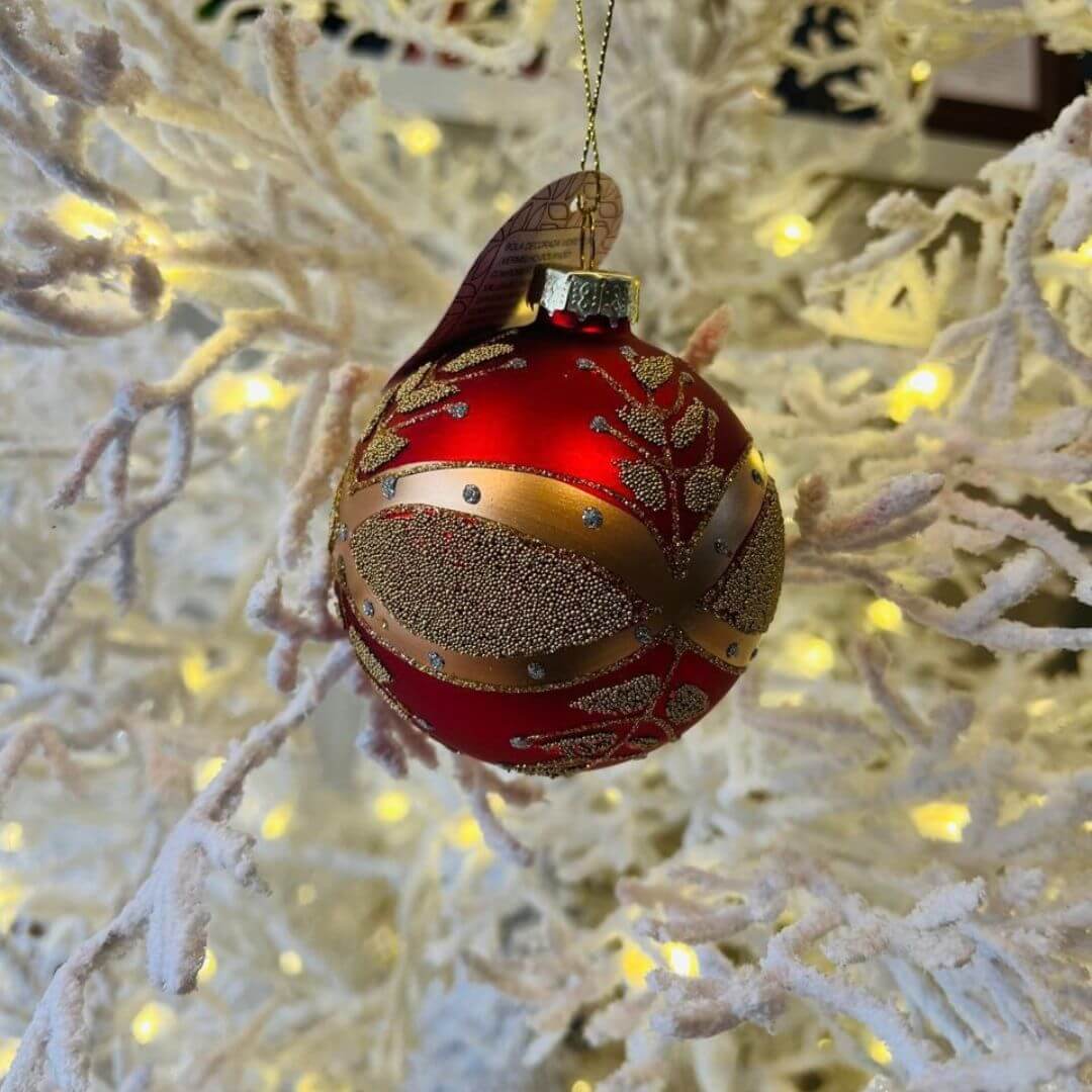Bola Decorada de Vidro – 8 cm – Vermelho e Dourado